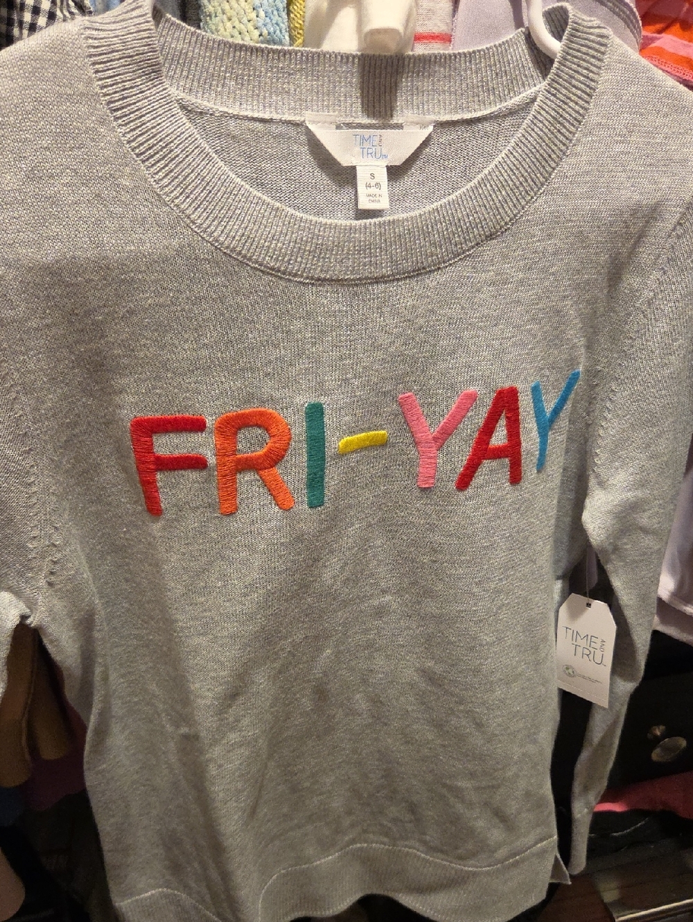 Time and Tru Light Gray Sweater with Multicolor 'FRI-YAY' Embroidery